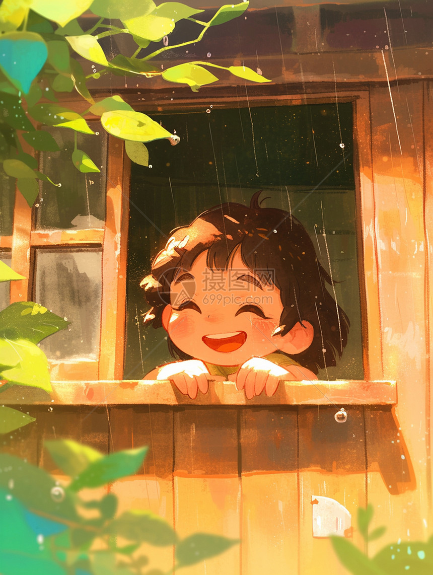开心赏雨的可爱卡通小女孩图片
