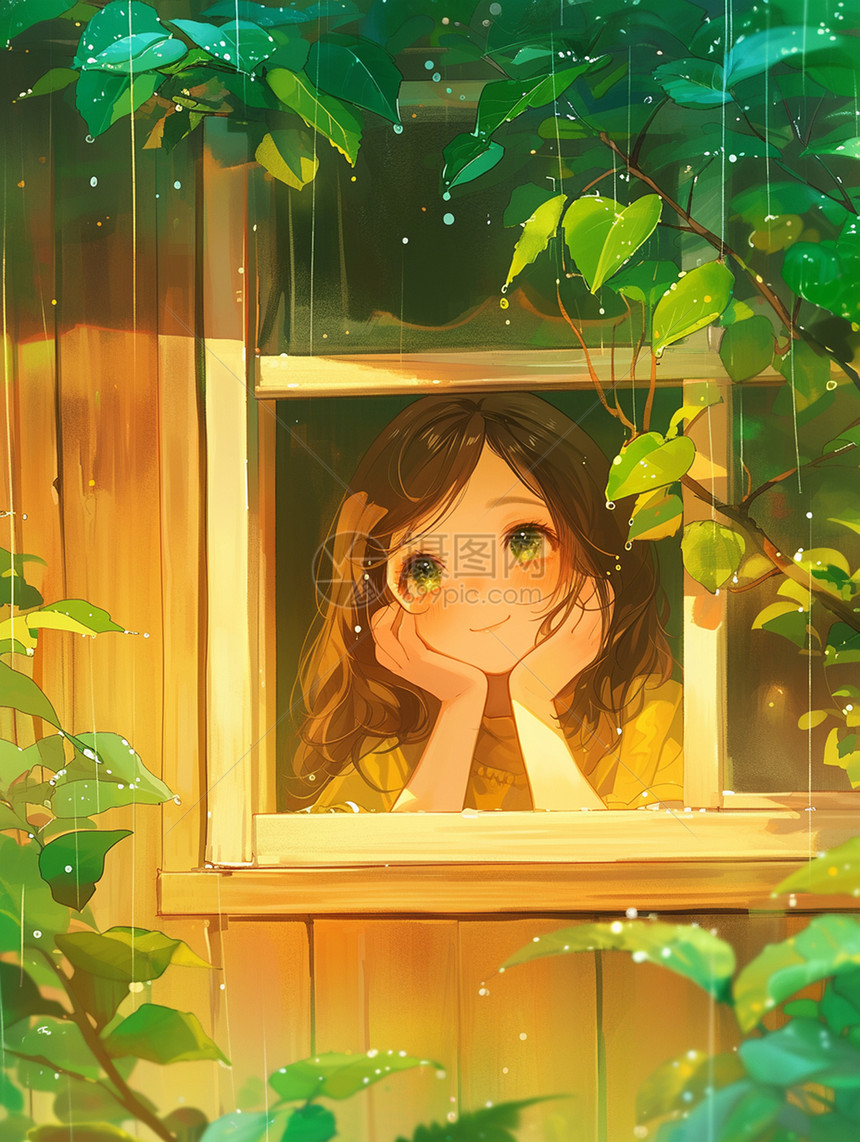趴在想木屋窗边面带微笑赏雨的可爱卡通小女孩图片