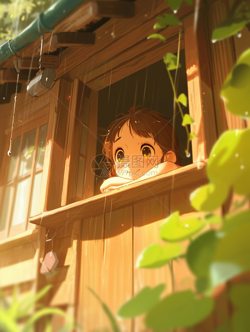 趴在想小木屋窗边面带微笑赏雨的卡通小女孩图片