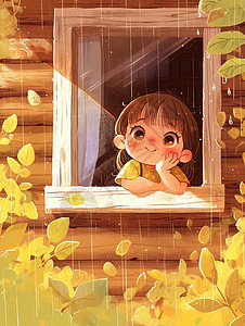 大眼睛可爱的小女孩在认真看着窗外下雨背景图片