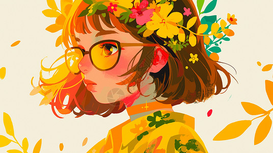 头戴小碎花花环穿黄色上衣的女孩背景图片