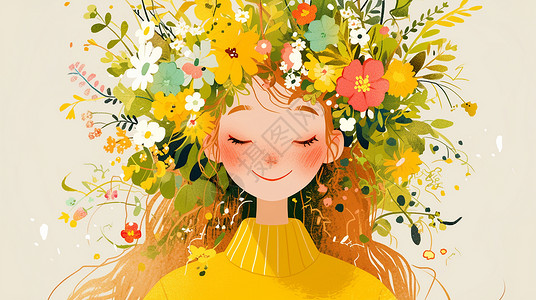 头戴小碎花花环穿黄色上衣小清新漂亮的扁平风卡通女孩背景图片