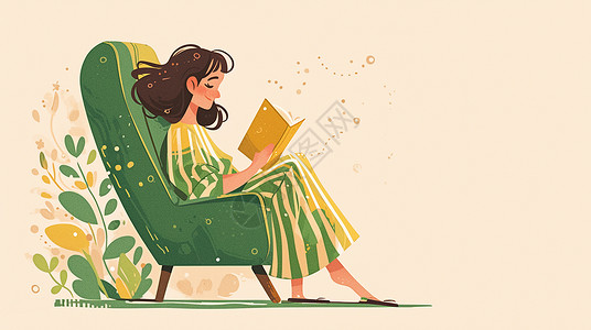 女孩坐在沙发上坐在沙发上安静看书的卡通女孩插画