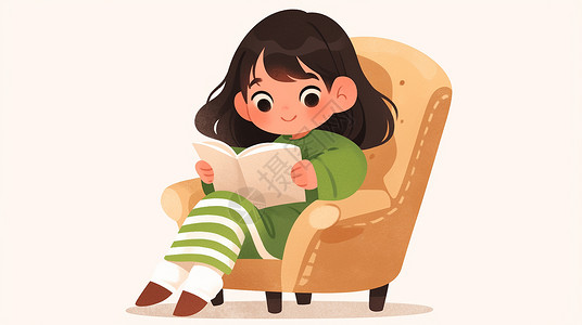 女孩坐在沙发上坐在沙发上安静看书的女孩插画
