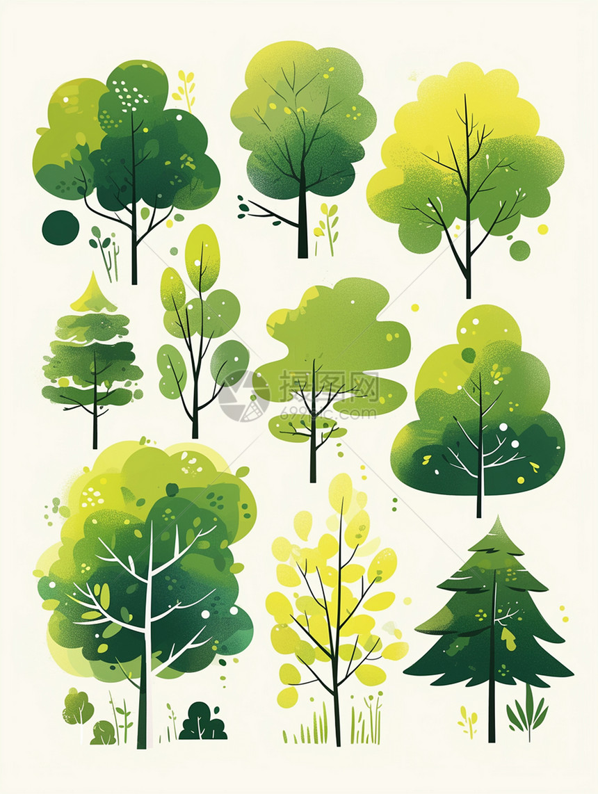 各种形态的绿色卡通小树图片