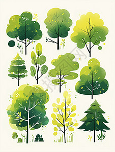 飞行形态各种形态的绿色卡通小树插画