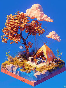 夜晚小岛上一座卡通黄色露营帐篷背景图片