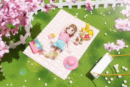 外国人野餐俯视可爱女孩野餐场景设计图片