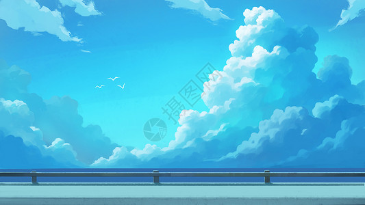 梦幻云朵唯美的蓝色天空与海湾插画