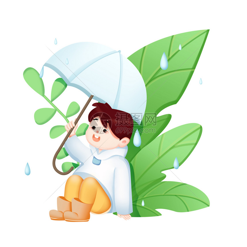 绿色可爱小女孩雨伞春天插画人物元素图片