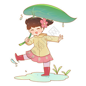 绿色可爱小女孩绿叶雨伞高清图片