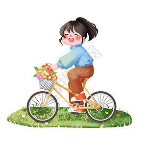 绿色可爱小女孩骑单车春天插画人物元素高清图片