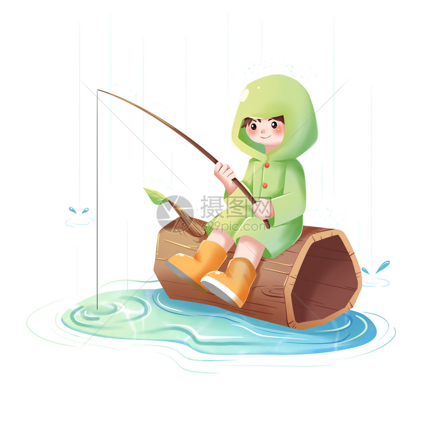绿色可爱小女孩木桩钓鱼春天插画人物元素图片