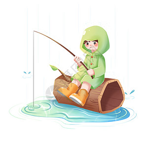 雨水叶子绿色可爱小女孩木桩钓鱼春天插画人物元素插画