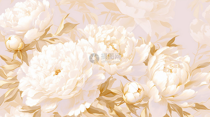 梦幻盛开的白色牡丹花图片