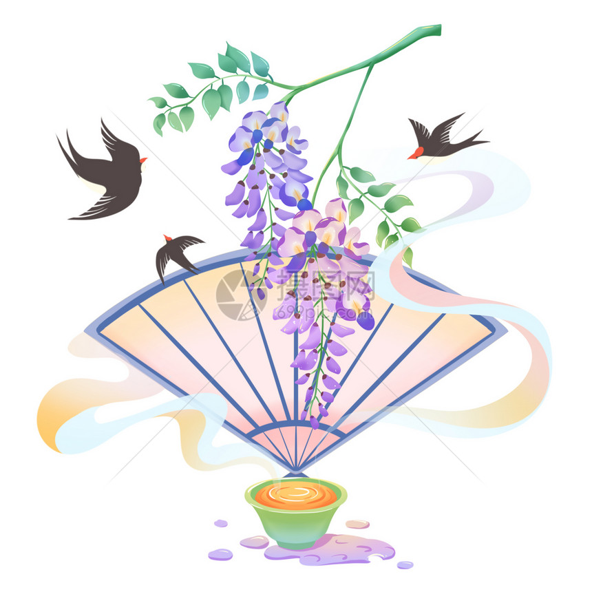 绿色可爱植物扇子燕子春天插画人物元素图片