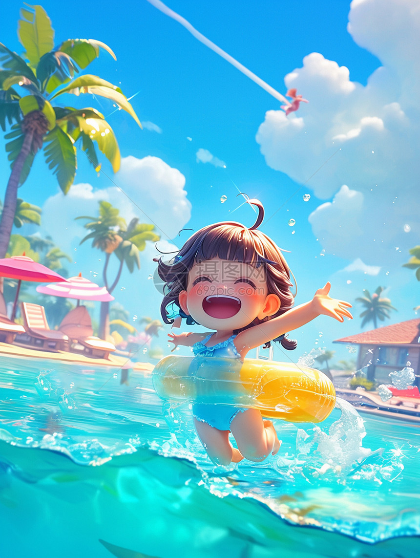 在游泳池开心游泳度假的可爱卡通小女孩图片
