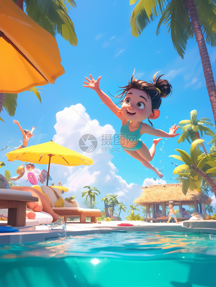 在游泳池游泳度假的可爱卡通小女孩图片