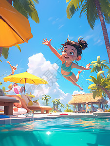 在游泳池游泳度假的可爱卡通小女孩背景图片