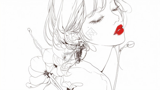 红唇线稿手绘风卡通女孩与花朵背景图片