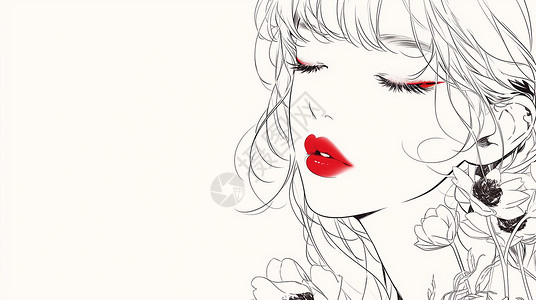 红唇线稿风卡通女孩与花朵背景图片