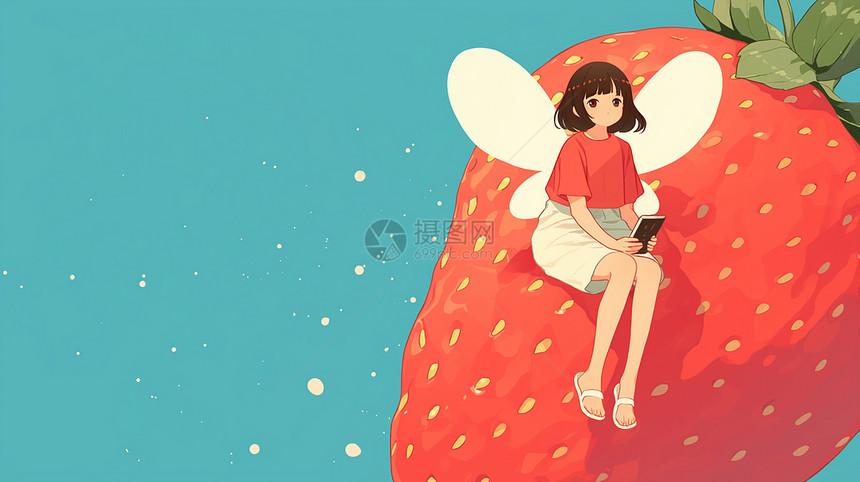 可爱的卡通小女孩坐在大大的红色卡通草莓上图片