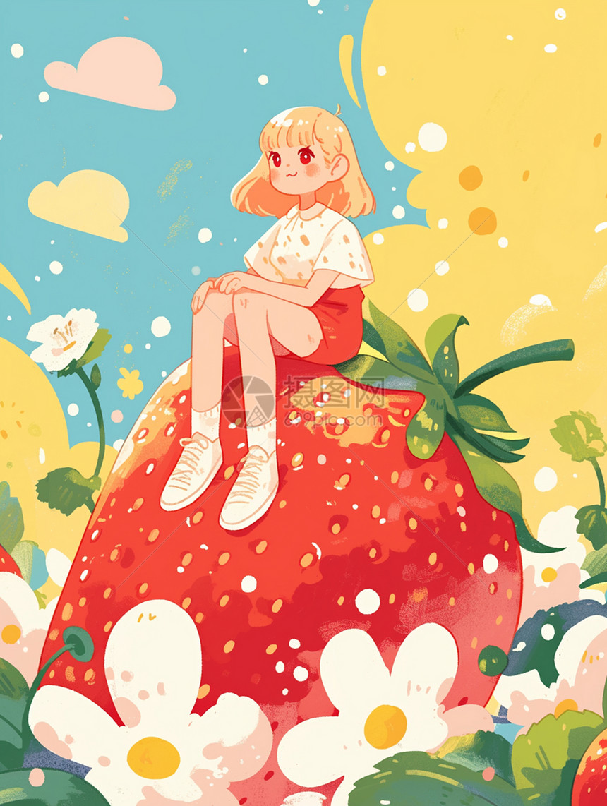 可爱的小女孩坐在大大的红色卡通草莓上图片