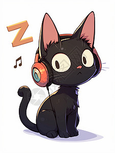 听听音乐认真听音乐的卡通小黑猫插画