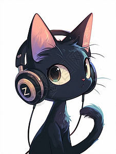 听听音乐正在戴着耳麦认真听音乐的小黑猫插画