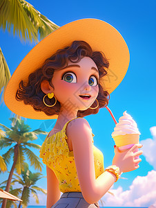 卡通冰激凌戴着黄色遮阳帽在椰子树下喝饮料的女孩插画