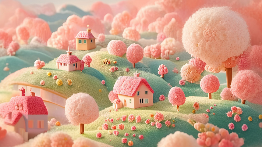 卡通小山村春天山坡上盛开着很多粉色的树羊毛毡风景图片