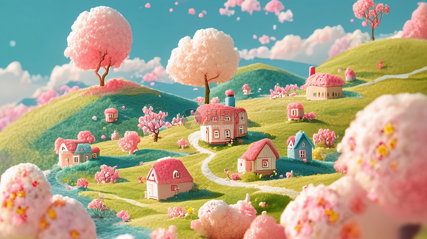 卡通春天山坡上盛开着很多粉色的树羊毛毡卡通风景图片