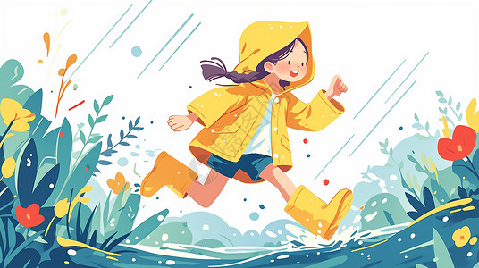 雨中跑步穿着雨衣在雨中努力奔跑的卡通小女孩插画