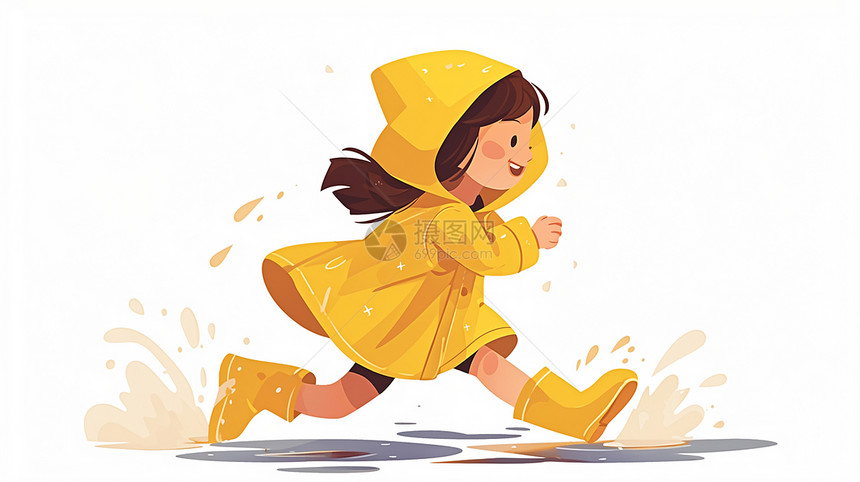 穿着黄色雨衣在雨中努力奔跑的小女孩图片