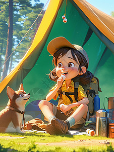 可爱的卡通小女孩与狗一起在森林中露营背景图片