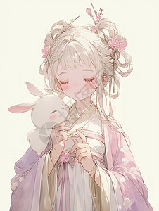 兔子服装身穿古风服装仙气飘飘的卡通美女与她的宠物兔插画