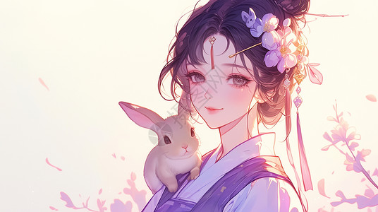坐肩膀上穿着紫色汉服头戴花朵的古风美女肩膀上有一只宠物兔插画