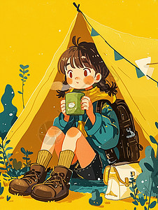 坐在黄色帐篷下的卡通女孩背景图片