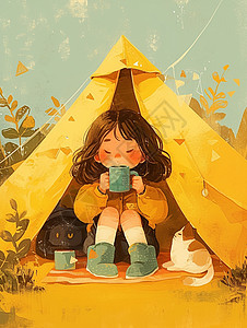 坐在黄色帐篷下喝热水的女孩背景图片