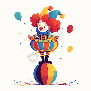 彩色球挂饰站在大球上表演滑稽的小丑插画