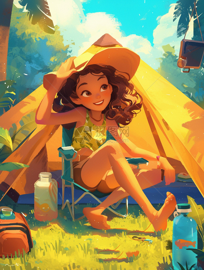 悠闲的坐在帐篷外露营休息的卡通女孩图片