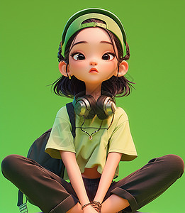 休闲t恤穿着嫩绿色T恤坐在草地上时尚的卡通女孩插画