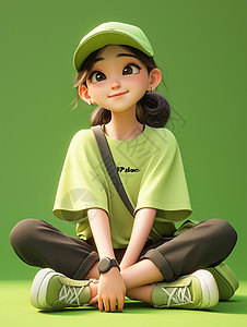 休闲t恤穿着绿色T恤坐在草地上时尚的卡通女孩插画