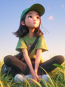 休闲t恤春天坐在草地上穿着绿色T恤头戴棒球帽的卡通女孩插画