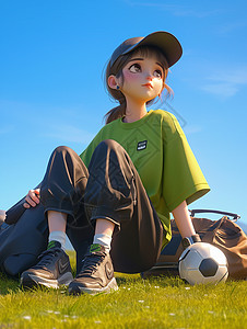 休闲t恤坐在草地上穿着绿色T恤头戴棒球帽的时尚卡通女孩插画