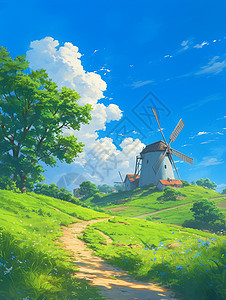 春天在山坡上一座有风车的卡通小房子背景图片