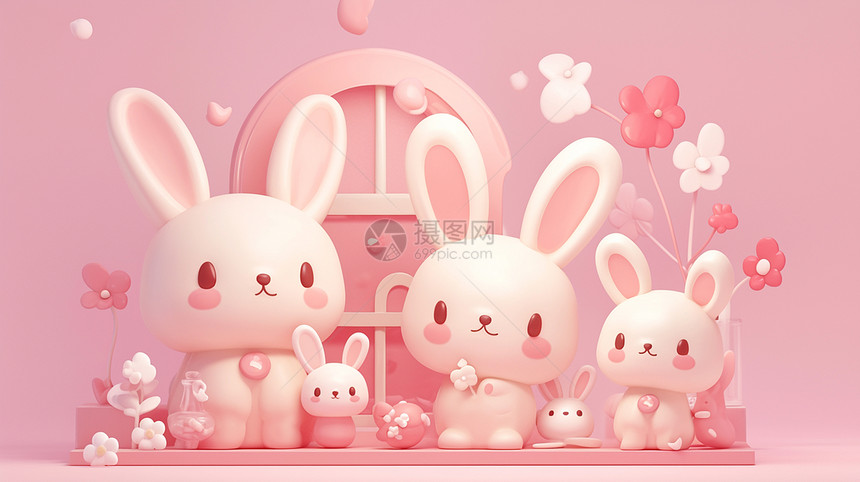 几只粉色可爱的卡通小兔子图片