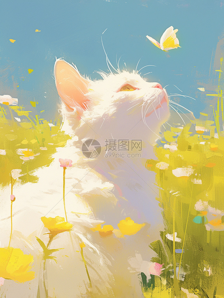 梦幻卡通猫在花丛中的欣赏蝴蝶图片