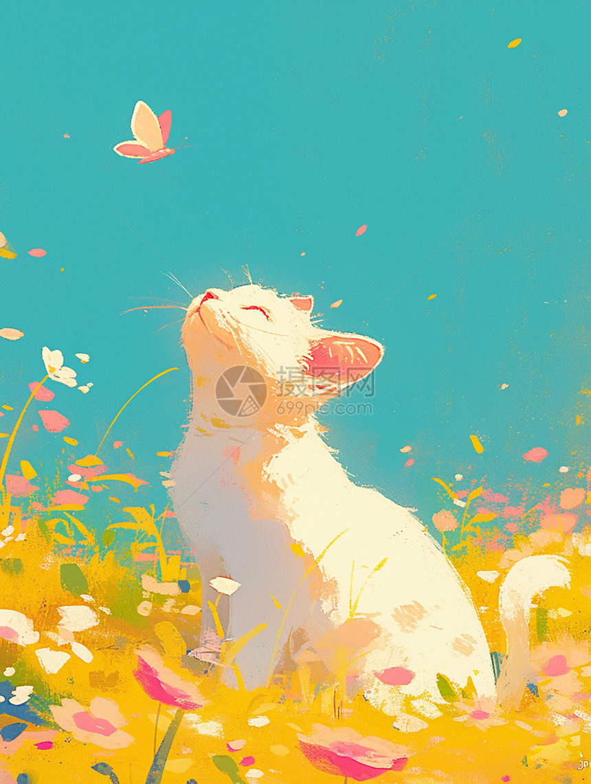 梦幻白色卡通猫在花丛中的蝴蝶图片