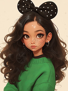 头顶着黑色蝴蝶结穿着绿色毛衣的长卷发卡通女孩背景图片